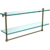  22 Inch Two Tiered Glass Shelf with Integrated Towel Bar, Antique Brass