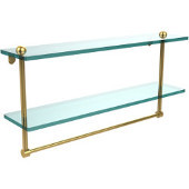  22 Inch Two Tiered Glass Shelf with Integrated Towel Bar, Unlacquered Brass