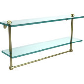  22 Inch Two Tiered Glass Shelf with Integrated Towel Bar, Satin Brass
