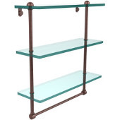  16 Inch Triple Tiered Glass Shelf with Integrated Towel Bar, Antique Copper