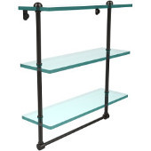  16 Inch Triple Tiered Glass Shelf with Integrated Towel Bar, Oil Rubbed Bronze