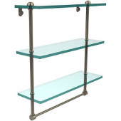  16 Inch Triple Tiered Glass Shelf with Integrated Towel Bar, Antique Pewter