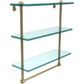  16 Inch Triple Tiered Glass Shelf with Integrated Towel Bar, Satin Brass