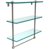  16 Inch Triple Tiered Glass Shelf with Integrated Towel Bar, Satin Nickel