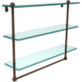  22 Inch Triple Tiered Glass Shelf with Integrated Towel Bar, Antique Bronze
