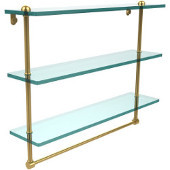  22 Inch Triple Tiered Glass Shelf with Integrated Towel Bar, Polished Brass