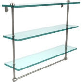  22 Inch Triple Tiered Glass Shelf with Integrated Towel Bar, Satin Nickel