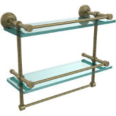  16 Inch Gallery Double Glass Shelf with Towel Bar, Antique Brass