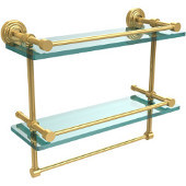  16 Inch Gallery Double Glass Shelf with Towel Bar, Unlacquered Brass