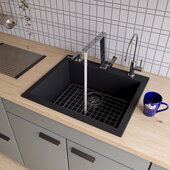  Black 24'' Drop-In Single Bowl Granite Composite Kitchen Sink, 23-5/8'' W x 20-1/8'' D x 8-1/4'' H