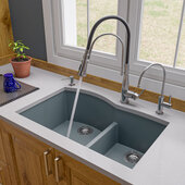 ALFI brand 33'' Double Bowl Undermount Granite Composite Kitchen Sink in Titanium, 33'' W x 20-3/4'' D x 9-7/8'' H