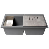 ALFI brand 33'' W Granite Composite Workstation Step Rim Double Bowl Drop-In Kitchen Sink in Titanium with Accessories