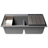 ALFI brand 33'' W Granite Composite Workstation Step Rim Double Bowl Undermount Kitchen Sink in Titanium with Accessories