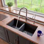  Black 34'' Undermount Double Bowl Granite Composite Kitchen Sink, 33-7/8'' W x 17-3/4'' D x 8-1/4'' H