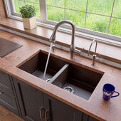 ALFI brand 34'' Undermount Double Bowl Granite Composite Kitchen Sink in Chocolate, 33-7/8'' W x 17-3/4'' D x 8-1/4'' H