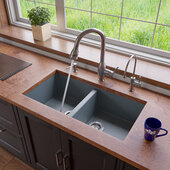 ALFI brand 34'' Undermount Double Bowl Granite Composite Kitchen Sink in Titanium, 33-7/8'' W x 17-3/4'' D x 8-1/4'' H