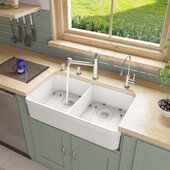  White 32'' Double Bowl Lip Apron Fireclay Farmhouse Kitchen Sink with 1-3/4'' Lip, 31-3/4'' W x 17-3/4'' D x 8'' H