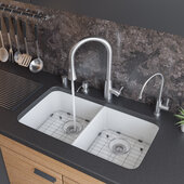  32'' White Double Bowl Fireclay Undermount Kitchen Sink, 32'' W x 18'' D x 8'' H