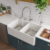 White 32'' Smooth Apron Double Bowl Fireclay Farmhouse Kitchen Sink, 32-3/4'' W x 19-7/8'' D x 10'' H
