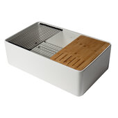 ALFI brand ABFS3320S-W White Smooth Apron Workstation 33'' x 20'' Single Bowl Step Rim Fireclay Farm Sink with Accessories, 33'' W x 20'' D x 10'' H