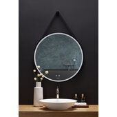  Sangle 24'' Round LED Black Framed Mirror with Defogger and Vegan Leather Strap, 110V, 6000K Color Temperature
