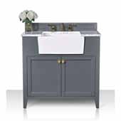  Adeline 36'' Bath Vanity in Sapphire Gray with Italian Carrara White Marble Vanity Top and White Undermount Farmhouse Basin with Gold Hardware, 36''W x 20-1/8''D x 34-5/8''H