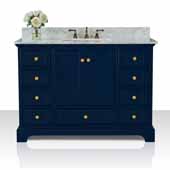  Audrey 48'' Bath Vanity in Heritage Blue with Italian Carrara White Marble Vanity Top and White Undermount Basin with Gold Hardware, 48''W x 22''D x 34-1/2''H