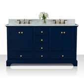  Audrey 60'' Double Sink Bath Vanity in Heritage Blue with Italian Carrara White Marble Vanity top and (2) White Undermount Basins with Gold Hardware, 60''W x 22''D x 34-1/2''H