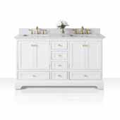  Audrey 60'' Double Sink Bath Vanity in White with Italian Carrara White Marble Vanity top and (2) White Undermount Basins with Gold Hardware, 60''W x 22''D x 34-1/2''H