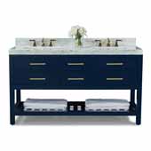 Elizabeth 60'' Double Sink Bath Vanity in Heritage Blue with Italian Carrara White Marble Vanity top and (2) White Undermount Basins with Gold Hardware, 60''W x 22“D x 34-1/2''H