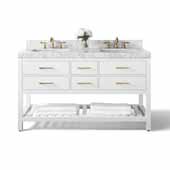  Elizabeth 60'' Double Sink Bath Vanity in White with Italian Carrara White Marble Vanity top and (2) White Undermount Basins with Gold Hardware, 60''W x 22D x 34-1/2''H