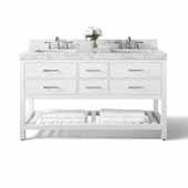  Elizabeth 60'' Double Sink Bath Vanity in White with Italian Carrara White Marble Vanity top and (2) White Undermount Basins, 60''W x 22D x 34-1/2''H
