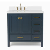 Ariel Cambridge 37'' Left Offset Rectangle Sink Freestanding Vanity with White Quartz Countertop in Midnight Blue