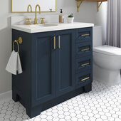  Taylor 37'' W Single Sink Bath Vanity with Left Offset Oval Sink and White Quartz Countertop, Midnight Blue, 37'' W x 22'' D x 36'' H