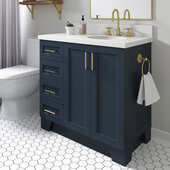  Taylor 37'' W Single Sink Bath Vanity with Right Offset Oval Sink and White Quartz Countertop, Midnight Blue, 37'' W x 22'' D x 36'' H
