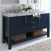  Bayhill 61'' W Double Sink Bath Vanity with Oval Sinks and Carrara White Marble Countertop, Midnight Blue, 61'' W x 22'' D x 36'' H