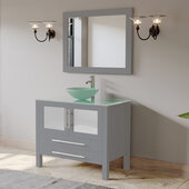  36'' Solid Wood Single Vanity Set in Gray, Tempered Glass Countertop with Glass Bowl Vessel Sink, Polished Chrome Faucet and Wood Trimmed Mirror Included