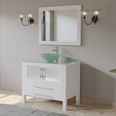  36'' Solid Wood Single Vanity Set in White, Tempered Glass Countertop with Glass Bowl Vessel Sink, Brushed Nickel Faucet and Wood Trimmed Mirror Included