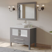  36'' Solid Wood Single Vanity Set in Gray, Pristine White Porcelain Countertop with White Porcelain Vessel Sink, Brushed Nickel Faucet and Wood Trimmed Mirror Included
