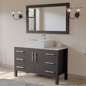  48'' Solid Wood Single Vanity Set in Espresso, White Porcelain Countertop with Square White Porcelain Vessel Sink, Brushed Nickel Faucet and Wood Trimmed Mirror Included