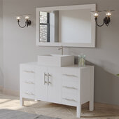  48'' Solid Wood Single Vanity Set in White, White Porcelain Countertop with Square White Porcelain Vessel Sink, Brushed Nickel Faucet and Wood Trimmed Mirror Included
