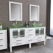  63'' Solid Wood Double Vanity Set in White, Tempered Glass Countertop with (2) Glass Bowl Vessel Sinks, (2) Brushed Nickel Faucets and (2) Wood Trimmed Mirrors Included
