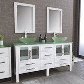  63'' Solid Wood Double Vanity Set in White, Tempered Glass Countertop with (2) Glass Bowl Vessel Sinks, (2) Polished Chrome Faucets and (2) Wood Trimmed Mirrors Included