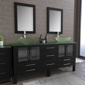  71'' Solid Wood Double Vanity Set in Espresso, Tempered Glass Countertop with (2) Glass Bowl Vessel Sinks, (2) Brushed Nickel Faucets and (2) Wood Trimmed Mirrors Included