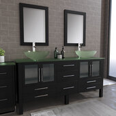  71'' Solid Wood Double Vanity Set in Espresso, Tempered Glass Countertop with (2) Glass Bowl Vessel Sinks, (2) Polished Chrome Faucets and (2) Wood Trimmed Mirrors Included