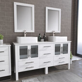  63'' Solid Wood Double Vanity Set in White, White Porcelain Countertop with (2) White Porcelain Rectangle Vessel Sinks, (2) Brushed Nickel Faucets and (2) Wood Trimmed Mirrors Included