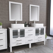  63'' Solid Wood Double Vanity Set in White, White Porcelain Countertop with (2) White Porcelain Rectangle Vessel Sinks, (2) Polished Chrome Faucets and (2) Wood Trimmed Mirrors Included