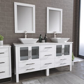  63'' Solid Wood Double Vanity Set in White, White Porcelain Countertop with (2) White Porcelain Trim Design Vessel Sinks, (2) Brushed Nickel Faucets and (2) Wood Trimmed Mirrors Included