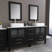  71'' Solid Wood Double Vanity Set in Espresso, White Porcelain Countertop with (2) White Porcelain Rectangle Vessel Sinks, (2) Brushed Nickel Faucets and (2) Wood Trimmed Mirrors Included