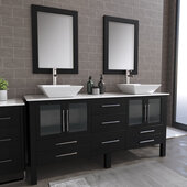  71'' Solid Wood Double Vanity Set in Espresso, White Porcelain Countertop with (2) White Porcelain Trim Design Vessel Sinks, (2) Brushed Nickel Faucets and (2) Wood Trimmed Mirrors Included